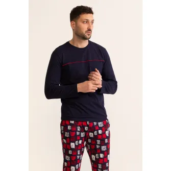 Soft & Seven BY SOFIAMAN, Pijama lunga de bumbac cu imprimeu grafic Chester, Rosu, Bleumarin, 3XL