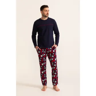 Soft & Seven BY SOFIAMAN, Pijama lunga de bumbac cu imprimeu grafic Chester, Rosu, Bleumarin, 3XL