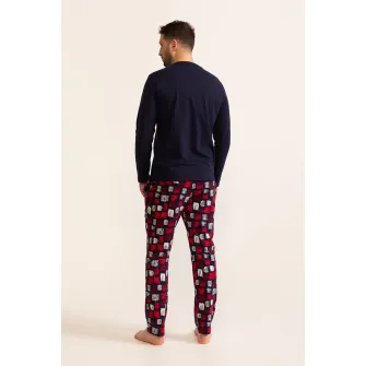 Soft & Seven BY SOFIAMAN, Pijama lunga de bumbac cu imprimeu grafic Chester, Rosu, Bleumarin, 3XL