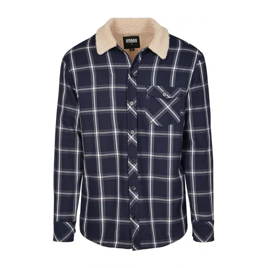Urban Classics, Jacheta-camasa cu model in carouri si captuseala din blana sherpa, Bleumarin, XL