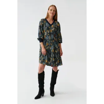 Tatuum, Rochie cu decolteu in V si model floral, Visiniu, Galben, Albastru, 42