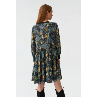Tatuum, Rochie cu decolteu in V si model floral, Visiniu, Galben, Albastru, 42