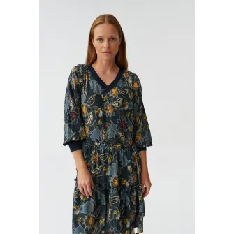 Tatuum, Rochie cu decolteu in V si model floral, Visiniu, Galben, Albastru, 42