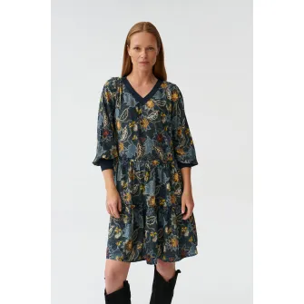 Tatuum, Rochie cu decolteu in V si model floral, Visiniu, Galben, Albastru, 42