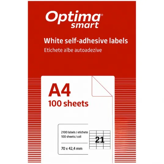 Etichete albe autoadezive 21/A4, 70 x 42.4 mm, 100 coli/top, Optima Smart