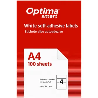 Etichete albe autoadezive 4/A4, 210 x 74.2 mm, 100 coli/top, Optima Smart