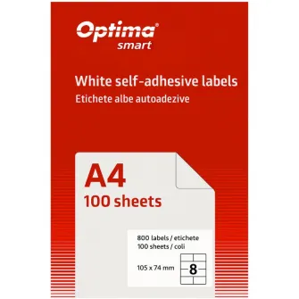 Etichete albe autoadezive 8/A4, 105 x 74 mm, 100 coli/top, Optima Smart