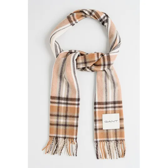 Gant, Fular franjurat de lana merinos cu model tartan, Bej, Maro fango, Bej deschis