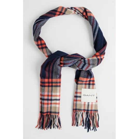 Gant, Fular franjurat de lana merinos cu model tartan, Caramiziu, Negru, Bej deschis