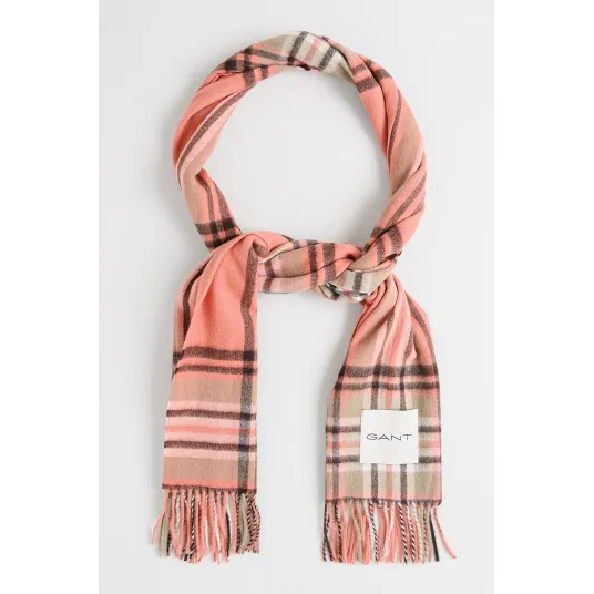 Gant, Fular franjurat de lana merinos cu model tartan, Negru stins, Caramiziu