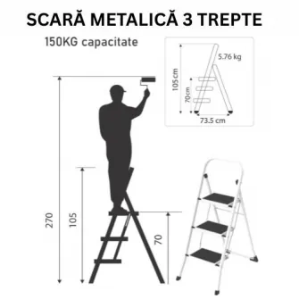 Scara otel pliabila simpla, 1x3 trepte late SmartStorage 1401, 150kg greutate maxima admisa, 70cm inaltime la ultima treapta