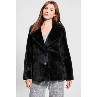 GUESS, Palton de blana sintetica cu nasturi si revere decupate, Negru, XS