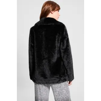 GUESS, Palton de blana sintetica cu nasturi si revere decupate, Negru, XS