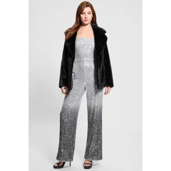 GUESS, Palton de blana sintetica cu nasturi si revere decupate, Negru, XS