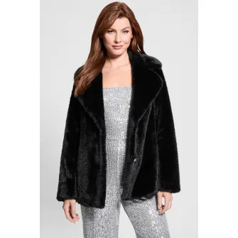 GUESS, Palton de blana sintetica cu nasturi si revere decupate, Negru, XS