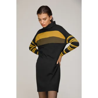 Helmidge, Rochie-pulover cu guler inalt si maneci liliac, Negru, Galben sofran, Kaki, 18