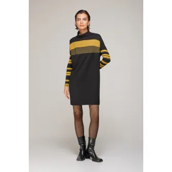Helmidge, Rochie-pulover cu guler inalt si maneci liliac, Negru, Galben sofran, Kaki, 18