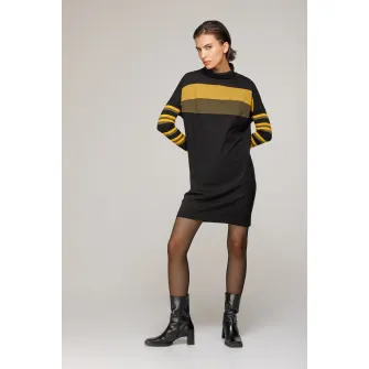Helmidge, Rochie-pulover cu guler inalt si maneci liliac, Negru, Galben sofran, Kaki, 18
