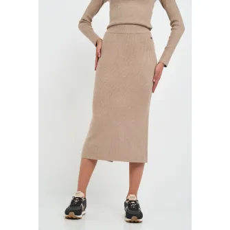 KVL by KENVELO, Fusta midi tricotata fin, Bej deschis melange, S