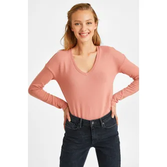 OXXO, Pulover cu decolteu in V si maneci cazute, Roz somon, XL