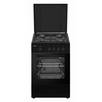 Aragaz pe gaz Heinner HFSC-SME50BK, 50X50 cm, 4 arzatoare, suport email, capac metalic, dispozitiv de siguranta plita si cuptor, usa cuptor cu geam dublu, duze GPL incluse, tava si gratar cromat, culoare negru