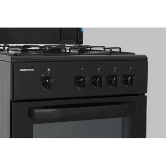 Aragaz pe gaz Heinner HFSC-SME50BK, 50X50 cm, 4 arzatoare, suport email, capac metalic, dispozitiv de siguranta plita si cuptor, usa cuptor cu geam dublu, duze GPL incluse, tava si gratar cromat, culoare negru