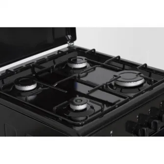 Aragaz pe gaz Heinner HFSC-SME50BK, 50X50 cm, 4 arzatoare, suport email, capac metalic, dispozitiv de siguranta plita si cuptor, usa cuptor cu geam dublu, duze GPL incluse, tava si gratar cromat, culoare negru