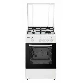 Aragaz pe gaz Heinner HFSC-SME50WH, 50X50 cm, 4 arzatoare, suport email, capac metalic, dispozitiv de siguranta plita si cuptor, usa cuptor cu geam dublu, duze GPL incluse, tava si gratar cromat, culoare ALB