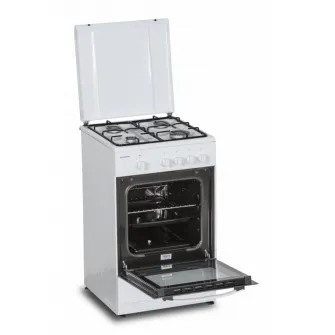 Aragaz pe gaz Heinner HFSC-SME50WH, 50X50 cm, 4 arzatoare, suport email, capac metalic, dispozitiv de siguranta plita si cuptor, usa cuptor cu geam dublu, duze GPL incluse, tava si gratar cromat, culoare ALB