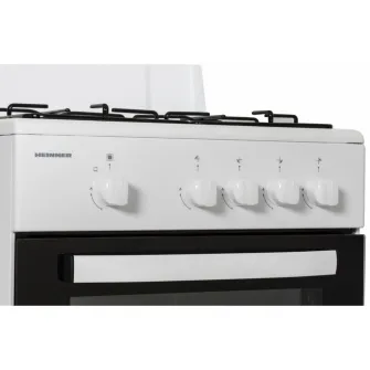 Aragaz pe gaz Heinner HFSC-SME50WH, 50X50 cm, 4 arzatoare, suport email, capac metalic, dispozitiv de siguranta plita si cuptor, usa cuptor cu geam dublu, duze GPL incluse, tava si gratar cromat, culoare ALB