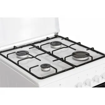 Aragaz pe gaz Heinner HFSC-SME50WH, 50X50 cm, 4 arzatoare, suport email, capac metalic, dispozitiv de siguranta plita si cuptor, usa cuptor cu geam dublu, duze GPL incluse, tava si gratar cromat, culoare ALB