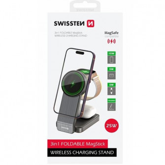 Incarcator Stand Wireless 3in1 Swissten 25W compatibil MagSafe, Negru