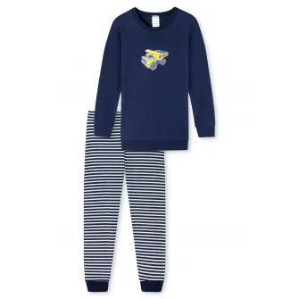 Schiesser, Pijama lunga de bumbac organic, Albastru inchis, 92 CM