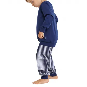 Schiesser, Pijama lunga de bumbac organic, Albastru inchis, 92 CM