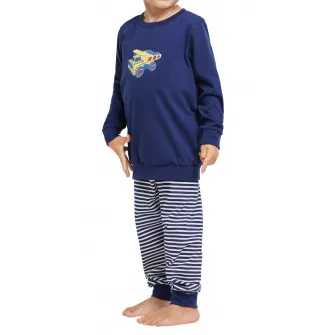 Schiesser, Pijama lunga de bumbac organic, Albastru inchis, 92 CM
