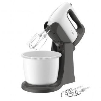 Mixer cu bol Tefal Prep'Mix+ HT464138, 500W, bol 2.5L auto-rotativ, 5 trepte viteza si functie turbo, 2 teluri inox, 2 carlige inox, alb