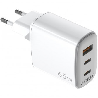 Incarcator Retea Celly UltraCompact GaN 1xUSB-A 2xUSB-C 65W Alb
