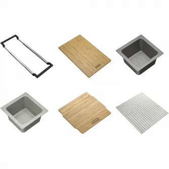 Set accesorii chiuveta Franke All in Premium, Sistem Telescopic, Tocator Bambus, Tavita mica perforata, tavita multifunctionala, Capac bambus, Suport pliabil silicon