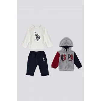 U.S. Polo Assn., Set de bluza, hanorac si pantaloni de trening, Rosu, Gri melange, Crem, 68-74 CM