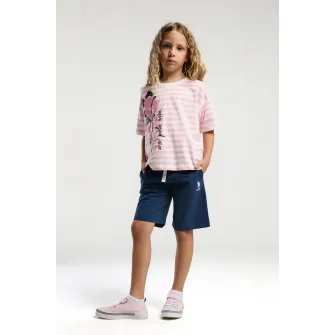U.S. Polo Assn., Trening lejer cu pantaloni scurti si snur, Alb, Roz deschis, 152-158 CM