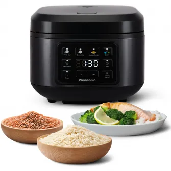 Aparat multifunctional pentru gatit orez si gatit cu abur Panasonic SR-DA152KXE, 4l, tehnologie fyzzy logic, 4 programe automate, oala cu invelis ceramic antiaderent fara PFAS/BPA, timer si mentinere cald 24h, 770W, negru