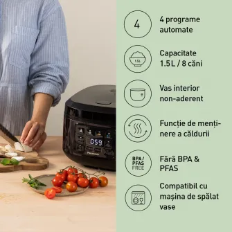 Aparat multifunctional pentru gatit orez si gatit cu abur Panasonic SR-DA152KXE, 4l, tehnologie fyzzy logic, 4 programe automate, oala cu invelis ceramic antiaderent fara PFAS/BPA, timer si mentinere cald 24h, 770W, negru