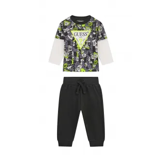 GUESS KIDS, Set de bluza de trening cu imprimeu logo si pantaloni de trening - 2 Piese, Alb, Verde lime, Gri antracit, 54-60 CM