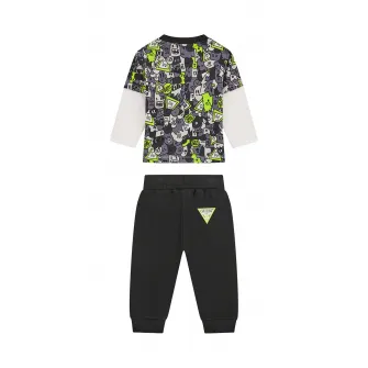 GUESS KIDS, Set de bluza de trening cu imprimeu logo si pantaloni de trening - 2 Piese, Alb, Verde lime, Gri antracit, 54-60 CM