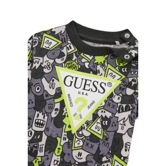 GUESS KIDS, Set de bluza de trening cu imprimeu logo si pantaloni de trening - 2 Piese, Alb, Verde lime, Gri antracit, 54-60 CM