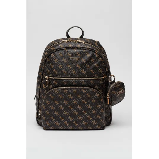 GUESS, Rucsac de piele ecologica cu model logo, Negru, Maro camel