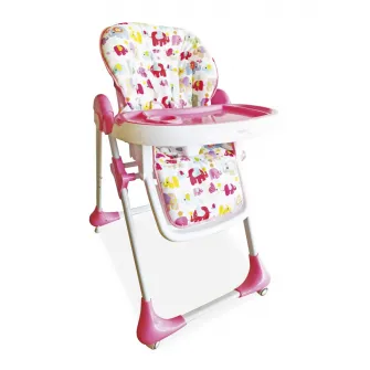Scaun de masa Asalvo Wheels cu 2 roti, 7 inaltimi, tava dubla, pana la 15 kg, 6 luni+, elefanti roz