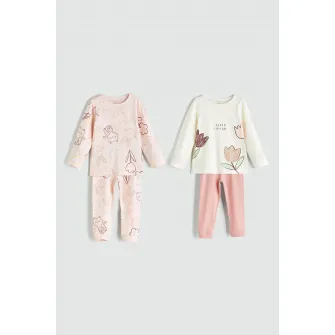 LC WAIKIKI, Set de pijamale lungi cu imprimeu - 4 piese, Roz deschis, Alb murdar, 68-74 CM