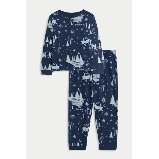 Marks & Spencer, Pijama de bumbaccu Frozen, Albastru glaciar, Bleumarin, 90-98 CM