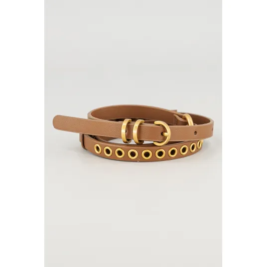 Pinko, Curea ingusta de piele cu detalii metalice, Caramel, 89